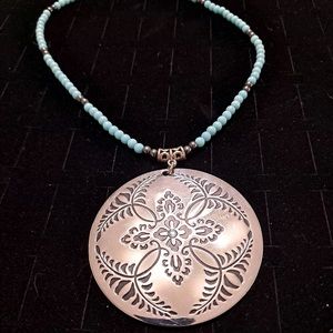 Blue and Black beaded silver medallion necklace